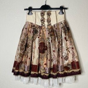 Lolitimes Fairytale Print Whimsigoth Skirt Size Small Multicolor Bow Lace Lined